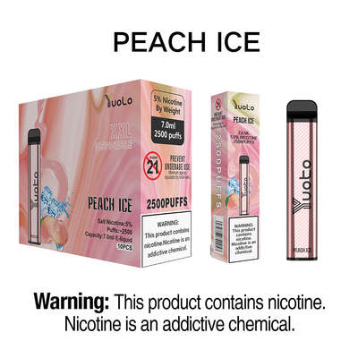 복숭아 얼음 2500 퍼프 일회용 Vape 펜 Yuoto XXL 7ml Ejuice 터키용 1200mAh 배터리