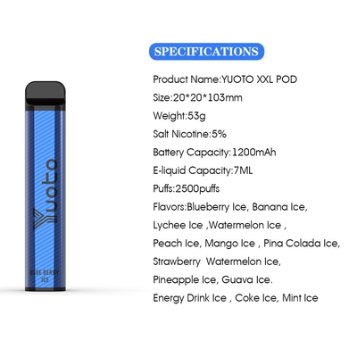 2500 분첩 5% 니코틴 Yuoto 처분할 수 있는 Vape 7ml 주스 E 담배