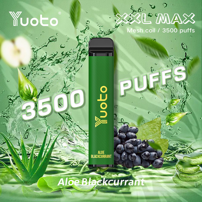 알로에 블랙커런트 풍미 Yuoto xxl Max 3500 퍼프 일회용 Vape 퍼프 바 메쉬 코일 가죽 표면 9ml