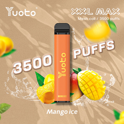 망고 아이스 풍미 Yuoto xxl Max 3500 퍼프 일회용 기화기 메쉬 코일 가죽 표면 9ml