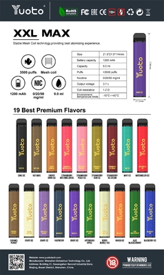 YUOTO XXL 맥스 버릴 수 있는 기화하고 판 3500 퍼프 전자적 담배를 때립니다