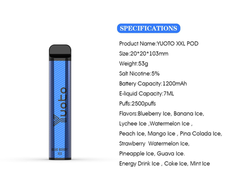YUOTO 꼬투리 장치 vape, 2500명의 명중을 가진 처분할 수 있는 Vape 7ml는 전 채워진 주스를 채웠습니다